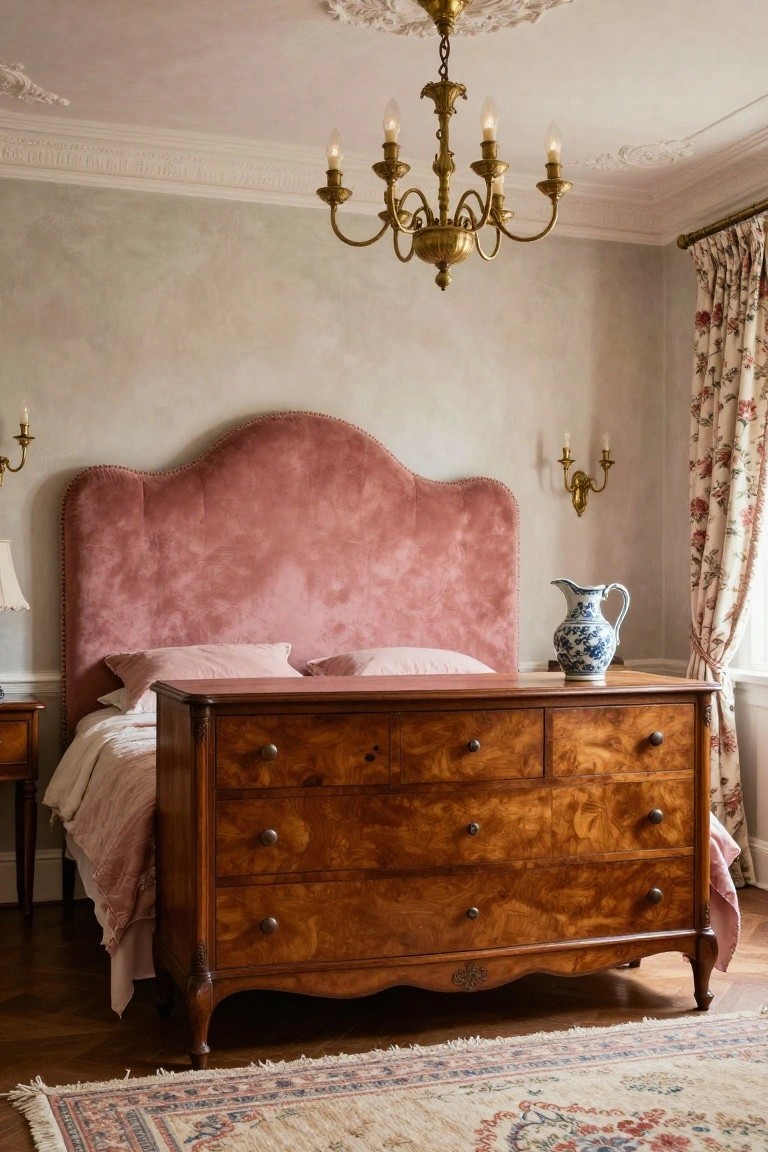 Bedroom interior with a curved blush pink velvet upholstered headboard on a bed next to a large antique wooden dresser, brass chandelier overhead, wall sconces, blue and white ginger jar, floral curtains, and patterned rug on wood floor.