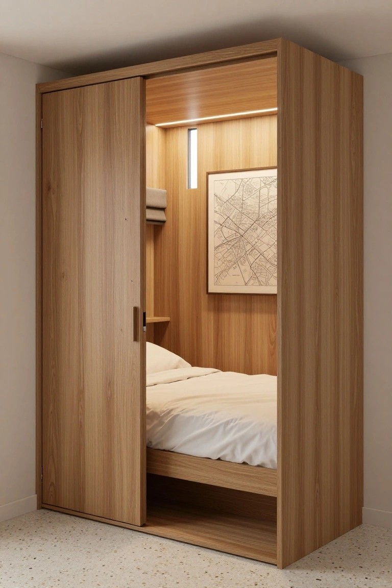 Tall wooden wardrobe with sliding doors, one open to show a built-in single bed with white sheets and pillows, wood paneling inside, LED light strip, roman shade, small shelf, and framed city map on the wall.