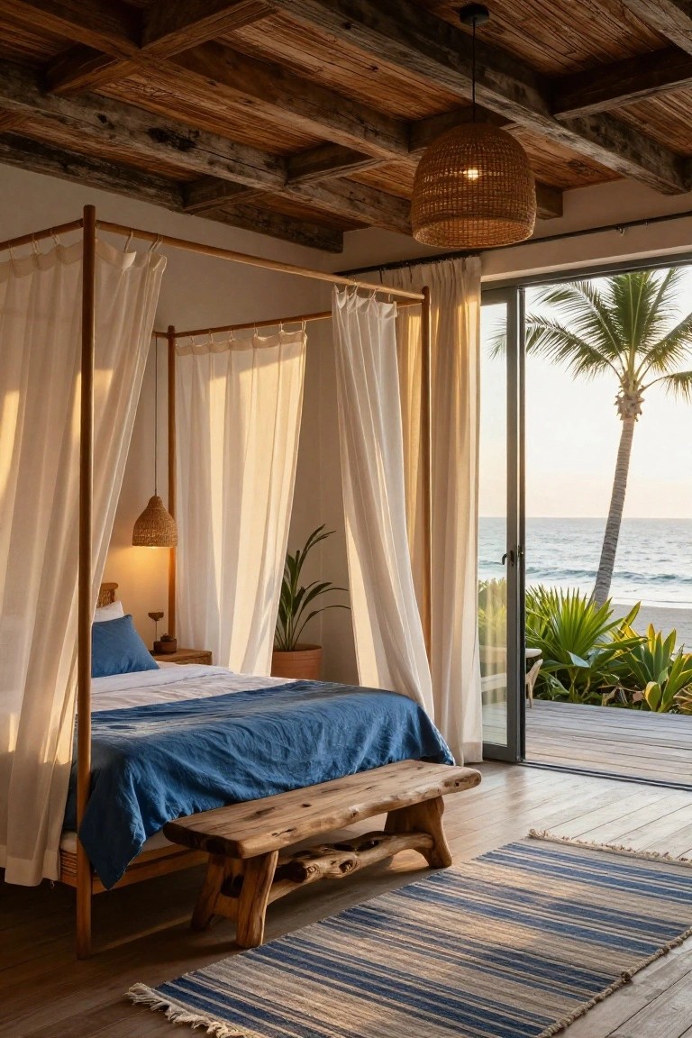 Wooden four-poster canopy bed with white sheer curtains and blue bedding in a room with beamed ceiling, rattan lamps, potted plants, wooden bench, and sliding glass doors opening to deck, palm trees, and ocean view.