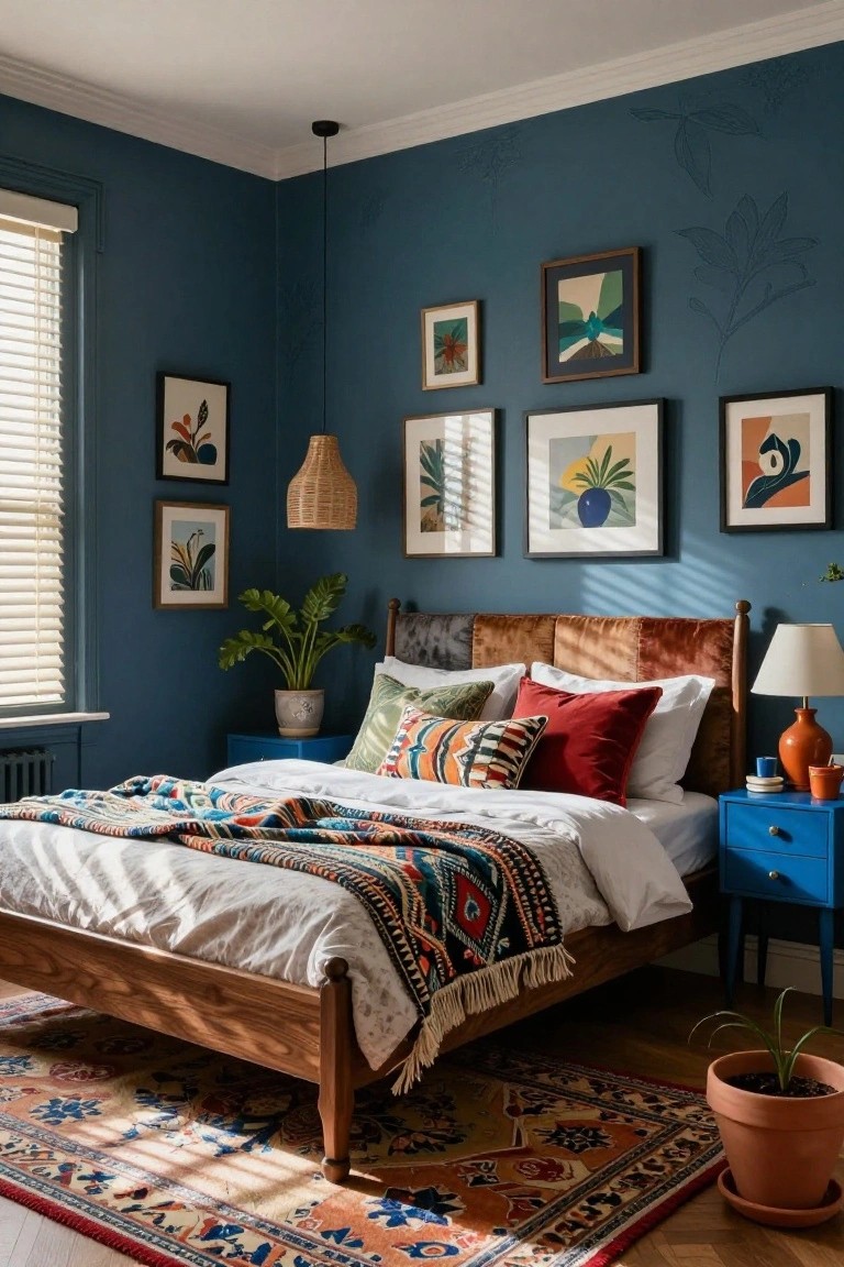 Bedroom corner with dark teal walls featuring abstract art frames and leaf motifs, wooden bed with white sheets, colorful patterned throw and mixed pillows, blue nightstand, orange lamp, potted plants, and woven rug.