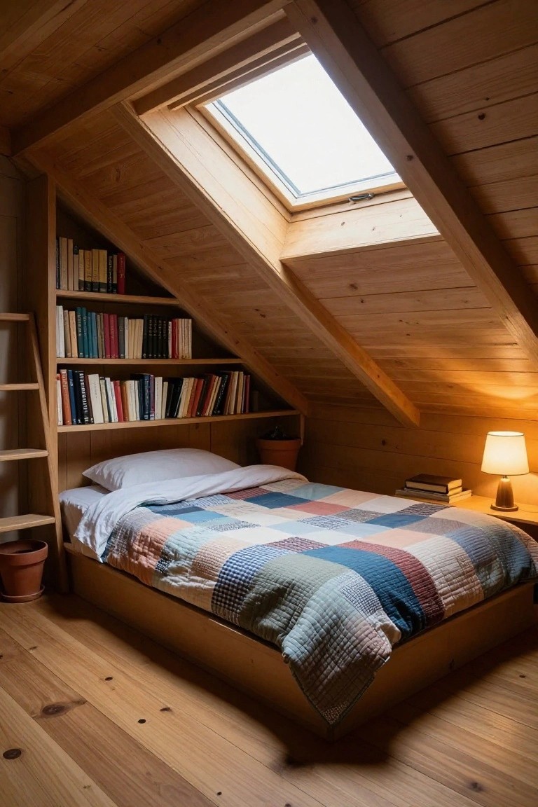 Wooden attic bedroom with sloped paneled ceiling, skylight, platform bed covered in patchwork quilt, built-in bookshelves on both sides, ladder, lamp on nightstand, and potted plants.