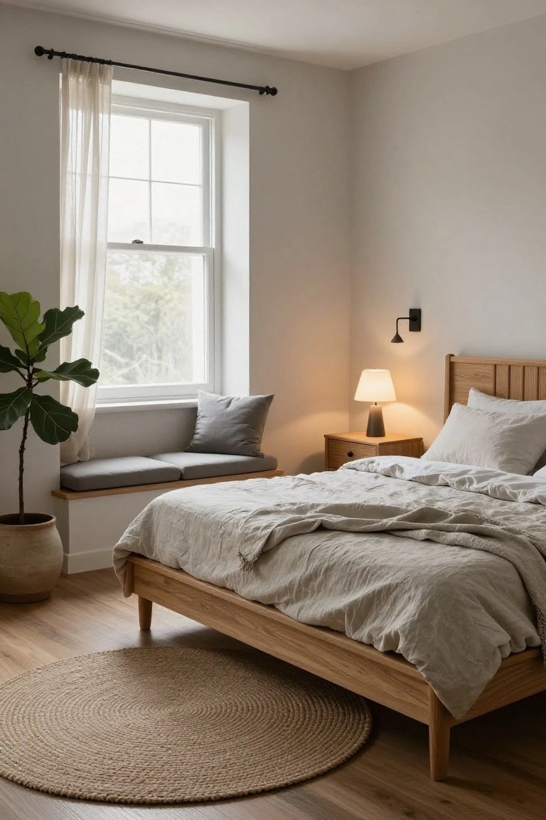 Bedroom interior featuring a wooden platform bed with white linen bedding, a built-in window bench with gray cushions beside a potted fiddle leaf fig plant, a bedside table with ceramic lamp, sheer curtains on a large window, and a round seagrass rug on light wood floors.
