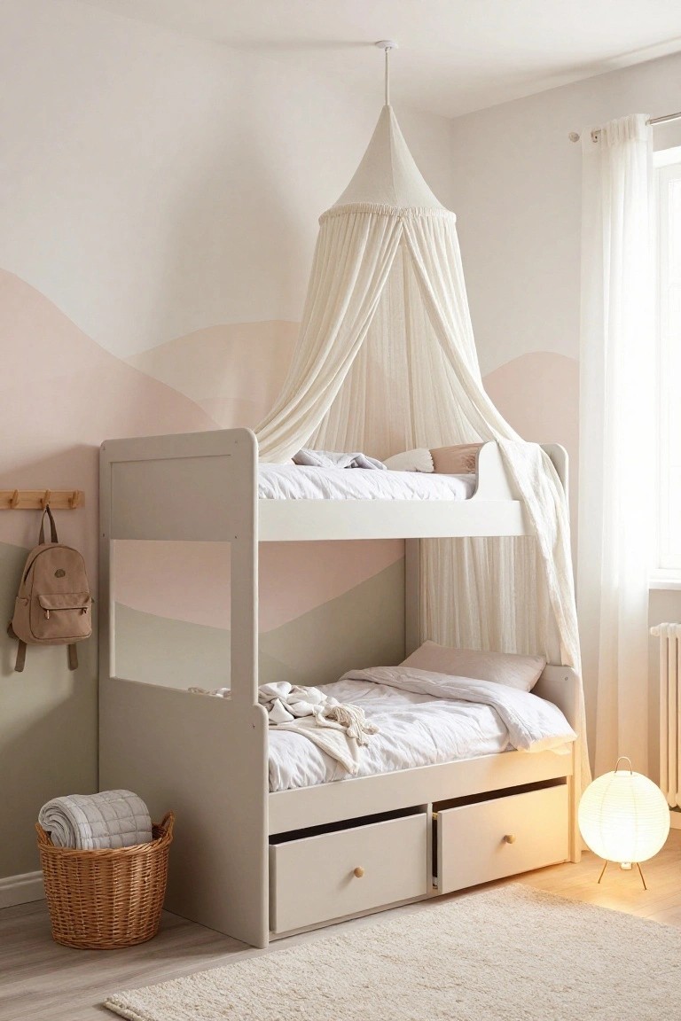 Beige bunk bed with white bedding on both levels and sheer white canopy over the top bunk, against pink and beige mountain mural walls in a light-filled child's bedroom with wicker basket, paper lantern lamp, and fluffy rug.
