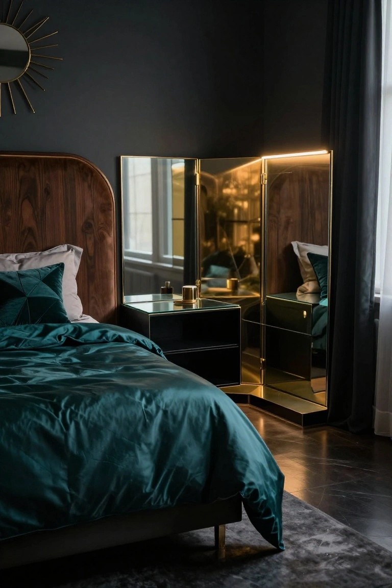 Bedroom corner with platform bed featuring walnut headboard, emerald green satin duvet and pillows, black glass nightstand, and lit gold tri-fold mirror screen against dark walls and floor.