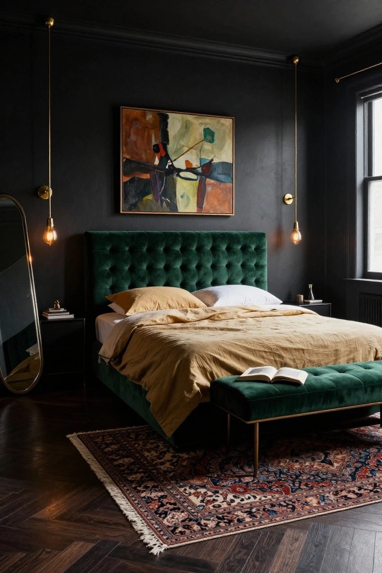 Bedroom with dark walls, emerald green velvet tufted headboard and bench, mustard bedding, gold pendant lights, abstract painting, full-length mirror, and patterned rug on herringbone wood floor.