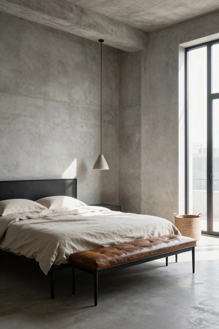 A minimalist bedroom with exposed gray concrete walls and ceiling, a low black bed frame with white linen bedding and pillows, a brown leather bench at the foot of the bed, a white pendant lamp, a small side table, a woven basket, and large black-framed windows.
