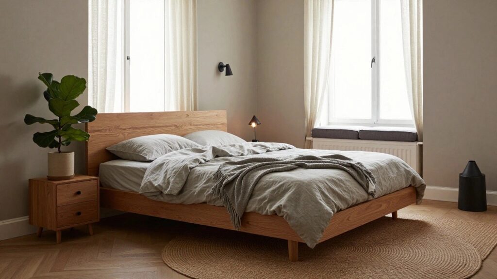Bedroom interior featuring a wooden platform bed with white linen bedding, a built-in window bench with gray cushions beside a potted fiddle leaf fig plant, a bedside table with ceramic lamp, sheer curtains on a large window, and a round seagrass rug on light wood floors.