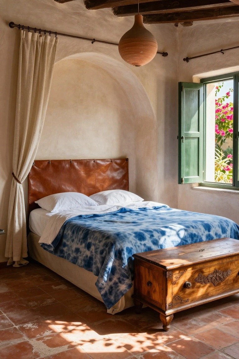 Bedroom interior featuring a bed with brown leather headboard in an arched niche, white sheets and indigo tie-dye quilt, wooden trunk at the foot, linen curtains, open green-shuttered window with bougainvillea vines, terracotta tile floor, and clay hanging lamp.
