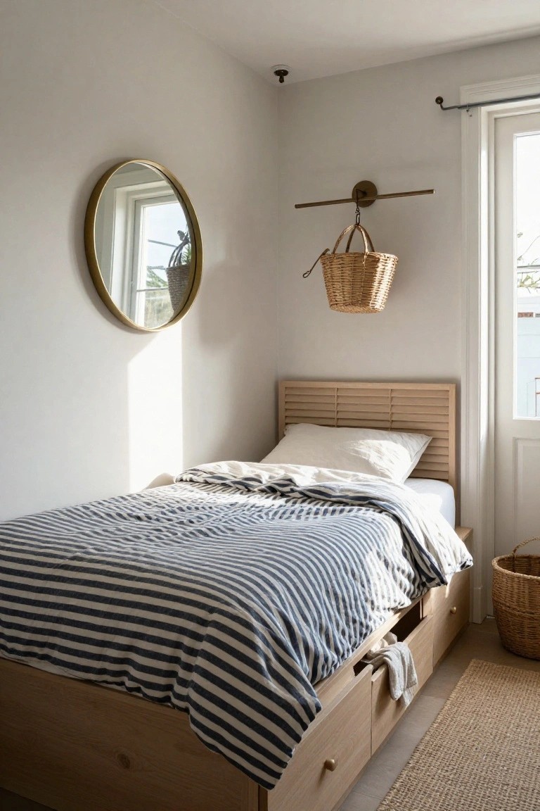 A single bed with light wood slatted headboard and underbed drawers in a white-walled room, covered in navy and white striped duvet, beside a round gold mirror and hanging wicker basket.
