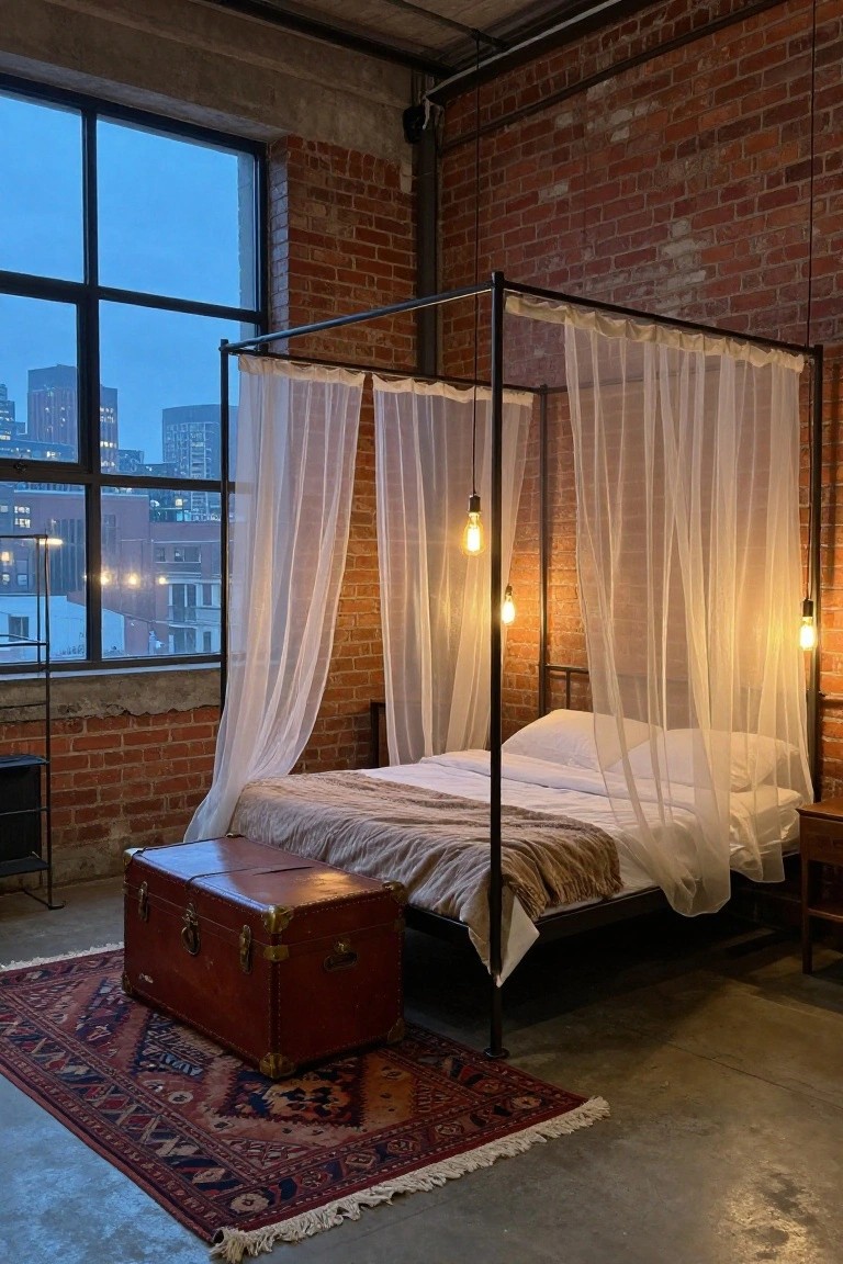 Industrial loft bedroom with canopy bed, hanging bulbs, vintage trunk, and city view.