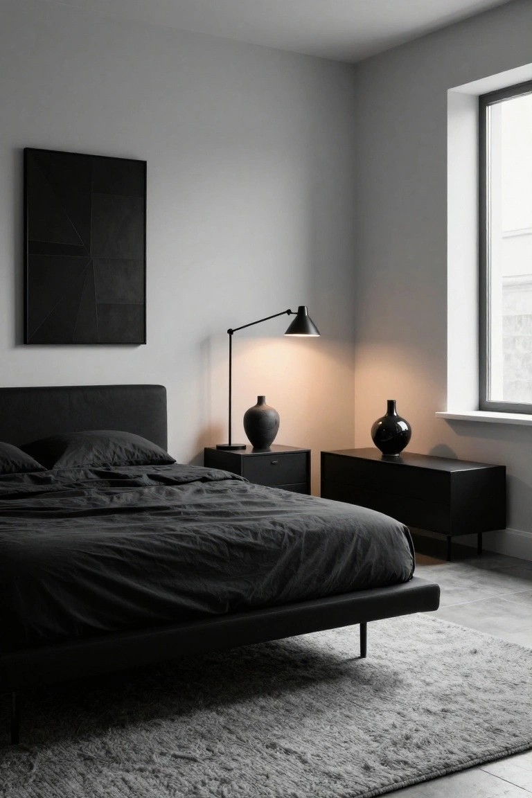 Corner of a minimalist bedroom with gray walls, black platform bed with rumpled black sheets and pillows, two black nightstands holding black vases, arched black floor lamp lit up, black abstract grid artwork on wall, large window, and light gray rug on concrete floor.