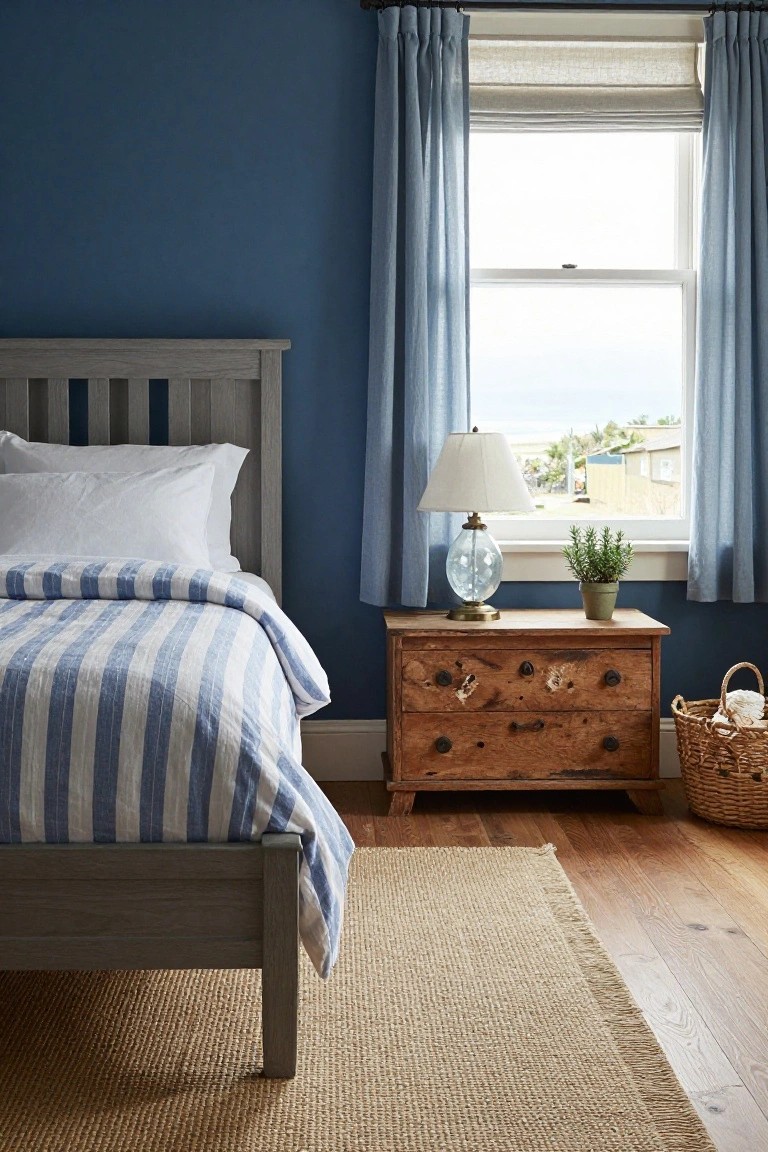Bedroom interior featuring navy blue walls, a gray wood bed frame with white striped duvet and pillows, wooden nightstand with glass lamp and potted plant, blue curtains on window showing ocean view, seagrass rug on hardwood floor.