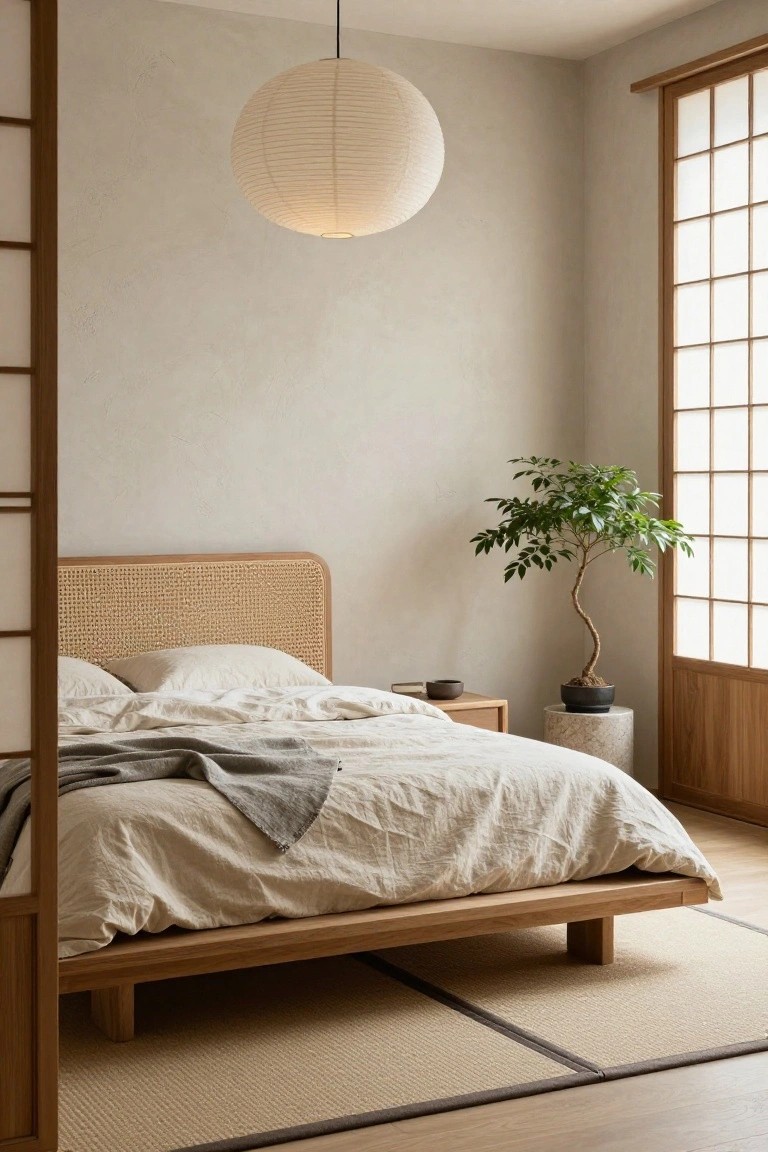 A minimalist beige bedroom with low wooden platform bed, rattan headboard, white rumpled bedding and gray throw, bedside table with cup, ficus tree in pot on pedestal, paper lantern light, shoji screen door, and tatami-style rug.