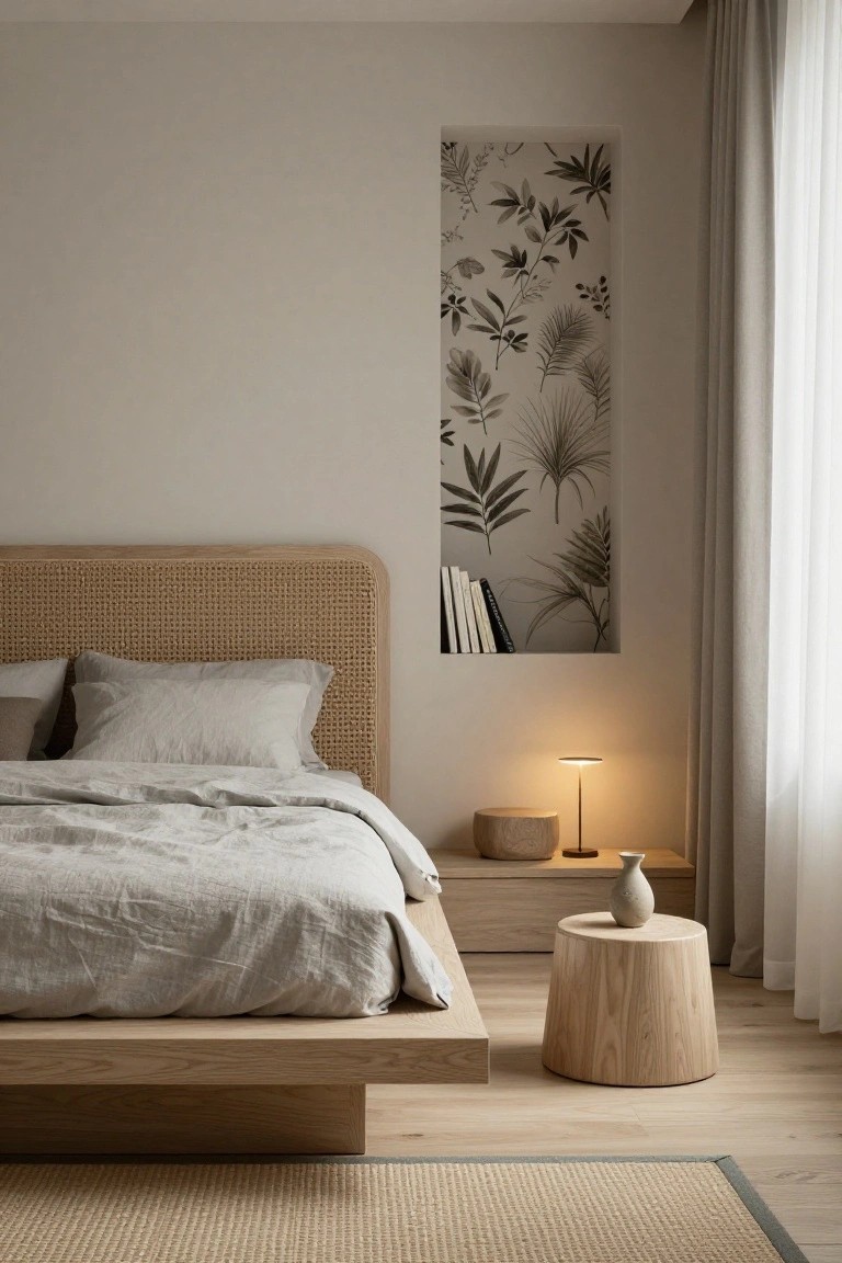 Bedroom interior with a low oak platform bed featuring a rattan-woven headboard, gray linen bedding, wooden nightstand and stool, wall niche with books and botanical wallpaper, table lamp, and sheer curtains by a window on light wood floors.