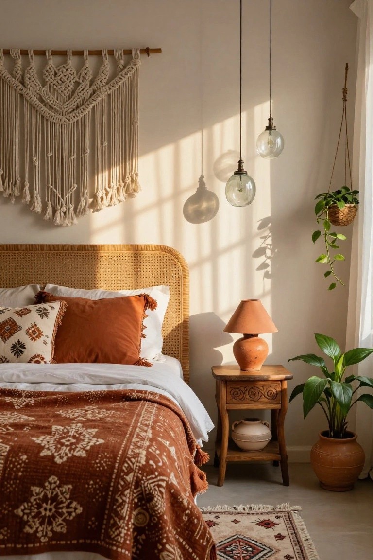 Bedroom with beige rattan headboard bed draped in rust-toned blanket, terracotta lamp and pot on wooden nightstand next to green plant in terracotta pot, macrame wall hanging, hanging glass pendant lights, and potted plants.