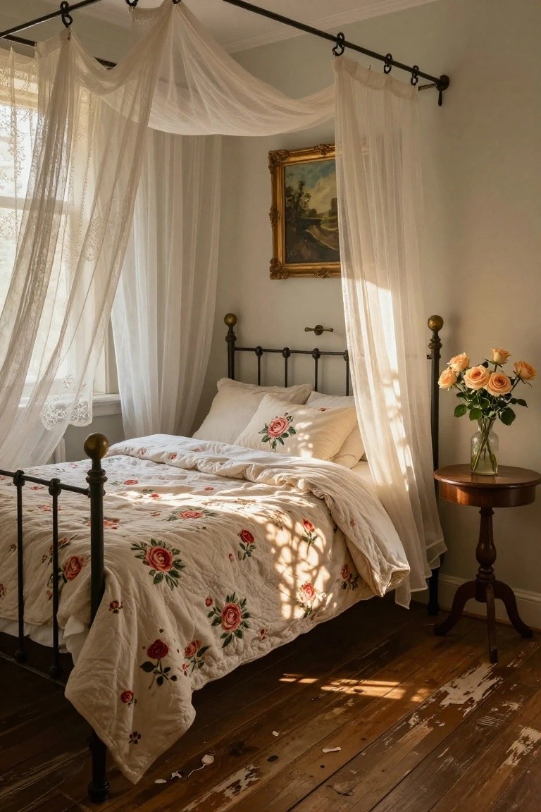 A sunlit bedroom with a black iron bed frame draped in white sheer canopy fabric, covered by a white quilt with embroidered red roses, flanked by pillows, a side table holding a vase of orange roses, and a framed landscape painting on the wall.