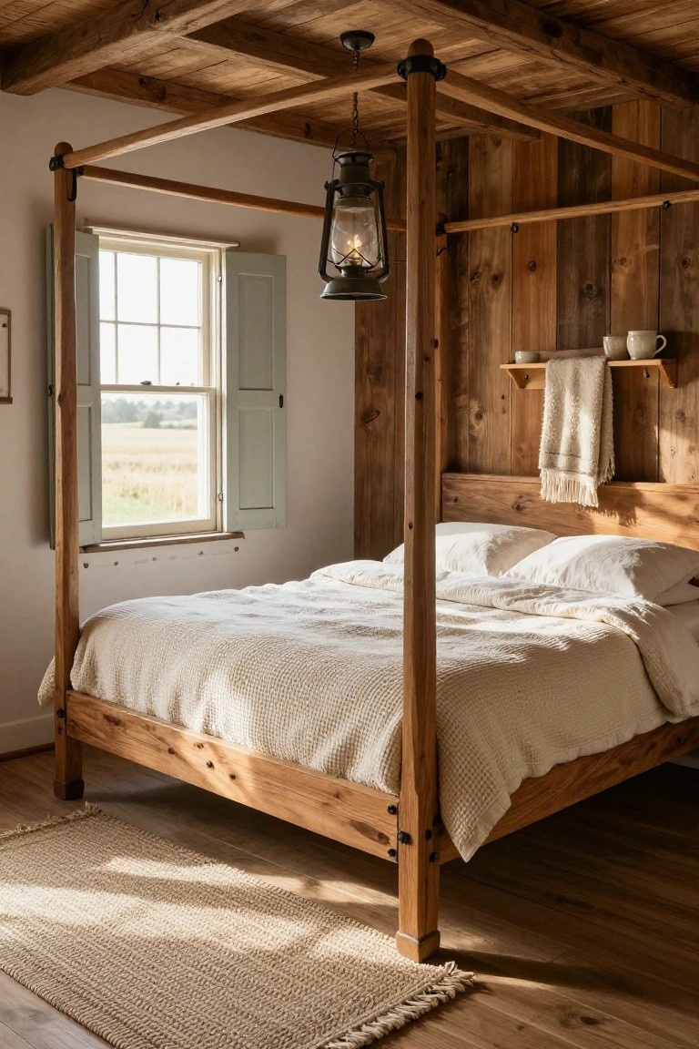 A bedroom with wooden walls and ceiling beams featuring a tall four-poster bed draped in white linens, a hanging lantern light, shelves with mugs and towels, and a window with shutters showing a view of fields.
