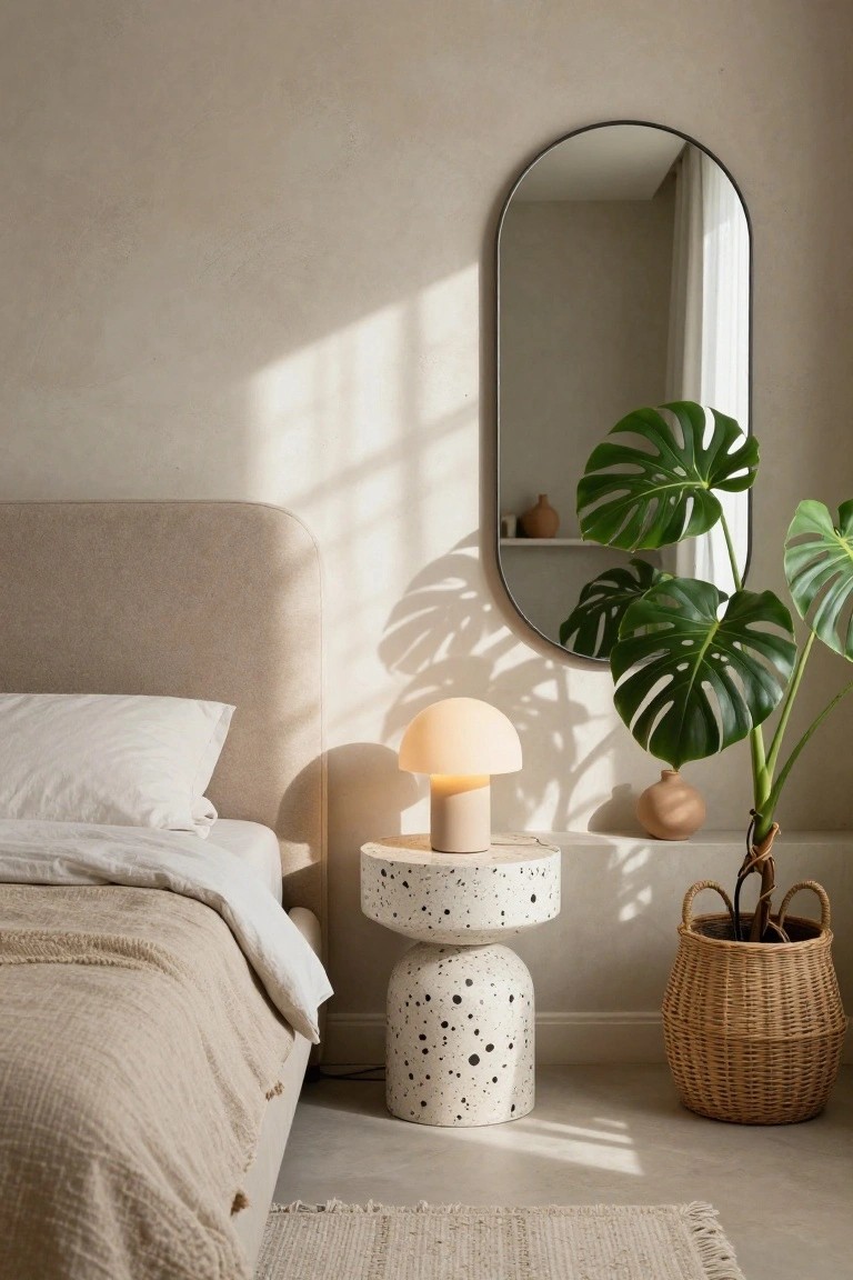 Beige upholstered bed with white linens next to a stacked speckled ceramic side table topped with a cream mushroom lamp, arched black mirror on wall reflecting monstera plant in woven basket, neutral walls and floor with natural light.