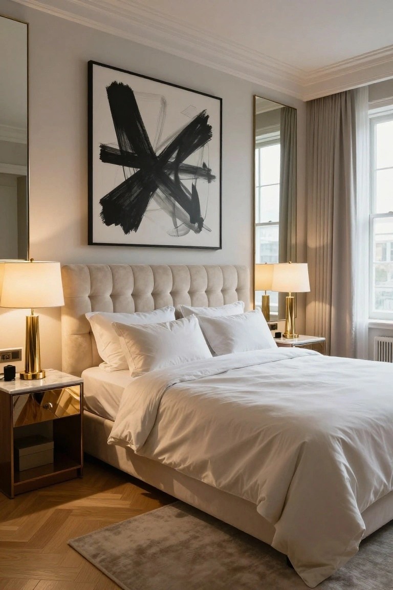 Bedroom with a beige tufted upholstered headboard bed, white pillows and duvet, brass lamps on marble nightstands, large black and white abstract artwork above the bed, mirrors on walls, beige curtains, and herringbone parquet flooring.