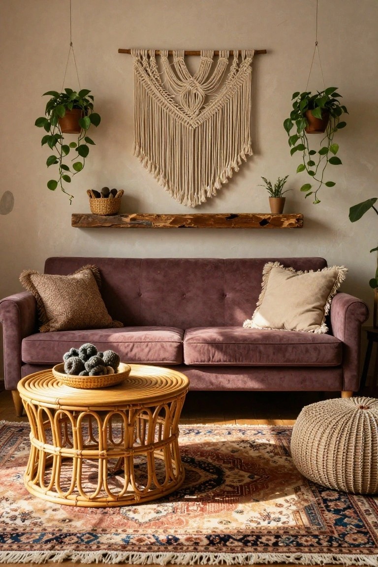 Living room with purple velvet sofa, rattan coffee table holding a woven basket of gray pom poms, macrame wall hanging, hanging and potted green plants, wooden shelf, fringed pillows, beige pouf, and colorful patterned rug on wood floor.