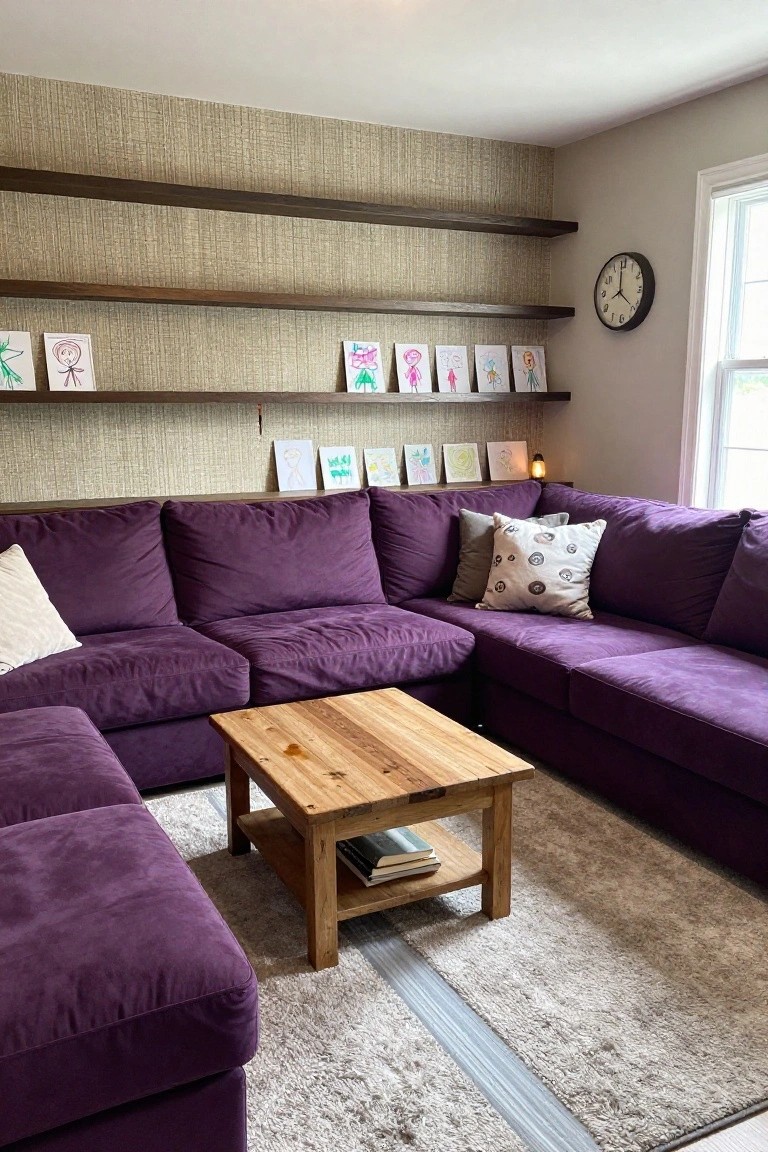 Corner L-shaped purple velvet sofa in a living room with wooden floating shelves holding children's drawings, a wooden coffee table with books, beige textured walls, and a wall clock near a window.