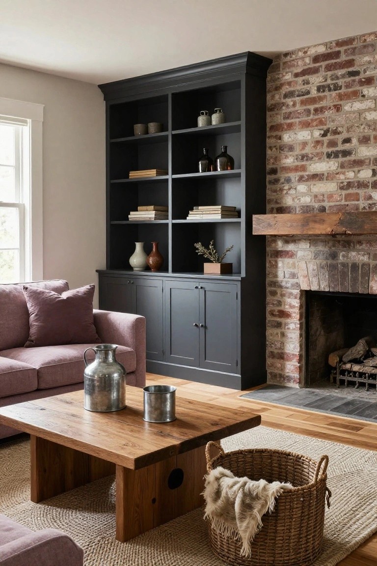 Living room with purple sofa facing brick fireplace, flanked by dark built-in bookshelves with books and vases, wooden coffee table, metal pitchers, and wicker basket on rug.