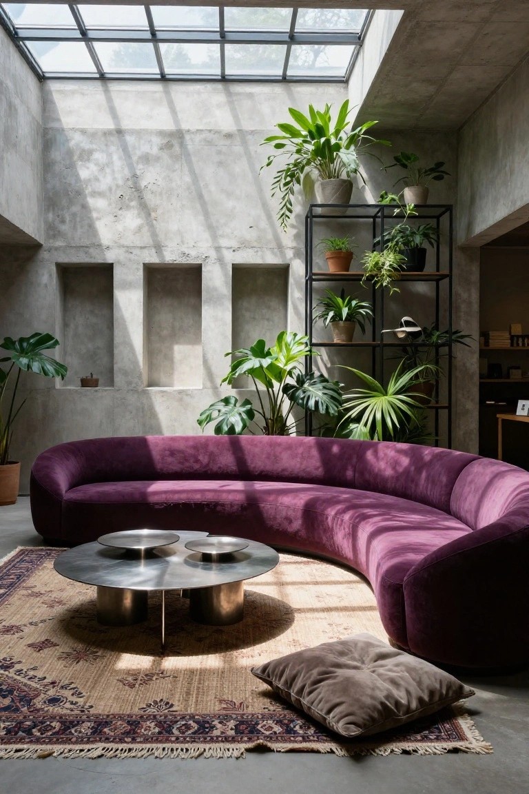 Curved purple velvet sofa in a sunlit concrete-walled living room with skylight, numerous potted plants on shelves and floor, metal coffee tables, Persian rug, and throw pillows.