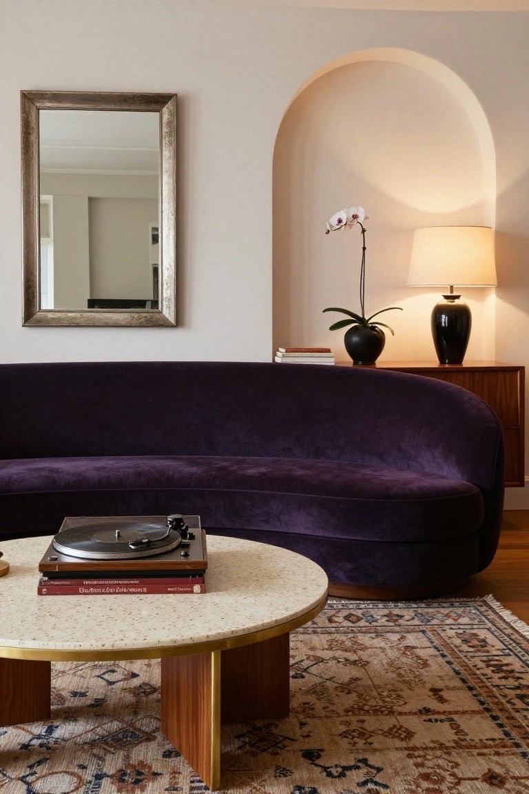 Living room with curved purple velvet sofa facing a round marble-topped coffee table holding a turntable and books, wooden credenza with lamp and plant, arched niche with orchid plant, antique mirror on beige wall, patterned rug on wood floor.