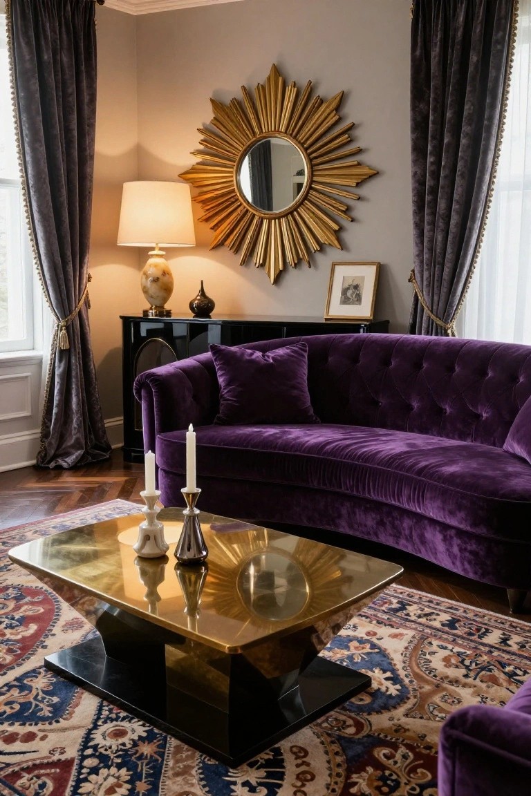Living room corner with curved purple velvet tufted sofa, brass coffee table holding candles and vases, gold sunburst mirror above black console, gray walls, and dark velvet curtains.