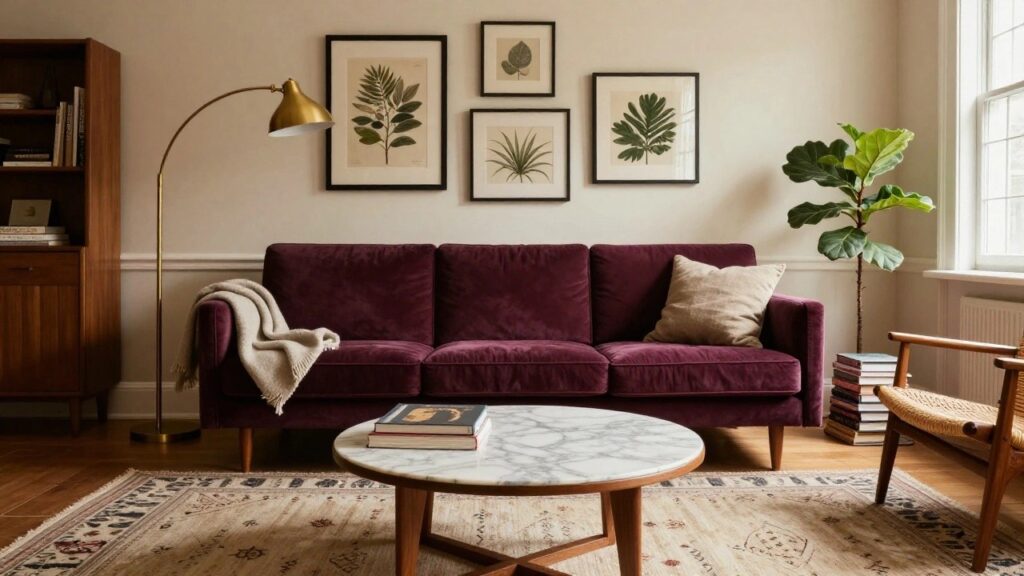 A living room corner with a deep maroon velvet three-seater sofa, oval white marble coffee table on wood legs, rattan armchair, potted fiddle leaf fig plant, brass floor lamp, and beige Persian-style rug against white shiplap walls and large windows.