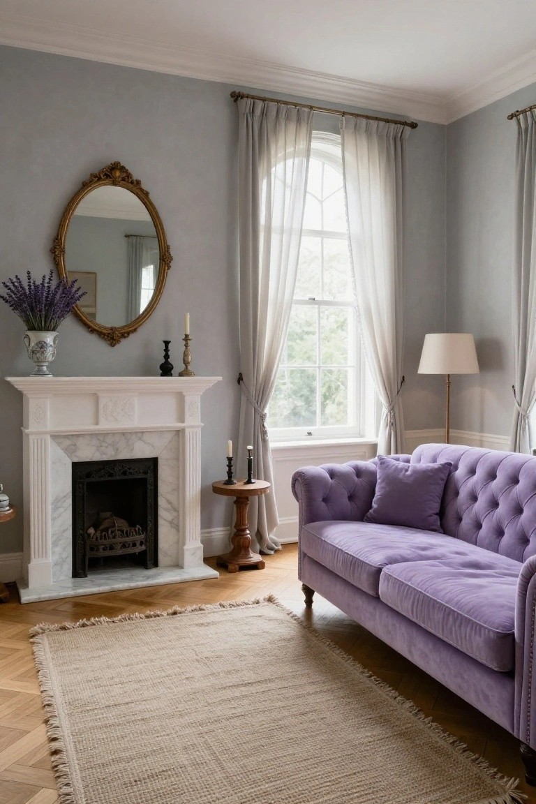 A cozy living room corner with a purple tufted velvet sofa facing a white marble fireplace on gray walls, an arched window with sheer curtains, gold mirror with lavender above the mantel, and beige rug on wood floors.