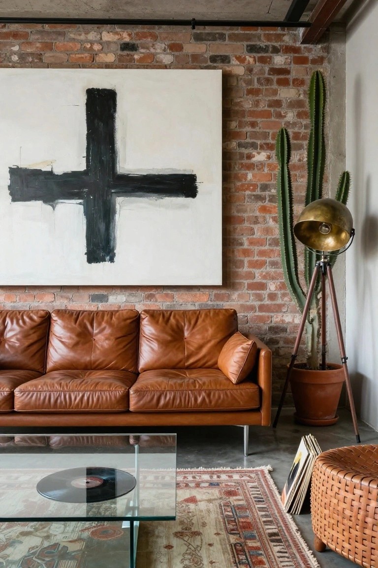 Living room with tan leather three-seater sofa against exposed brick wall, large white canvas with black cross painting above, brass tripod floor lamp next to potted cacti, glass coffee table over patterned rug, stack of records and woven ottoman nearby.