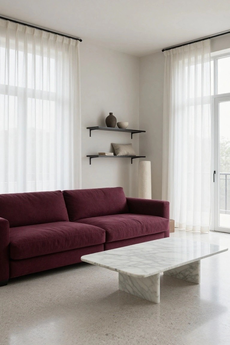 Modern living room with L-shaped deep purple velvet sofa, low rectangular white marble coffee table, floating black shelves holding ceramics books and cushions, tall beige cylindrical vase, sheer white curtains on large windows and doors to balcony, polished concrete floor.