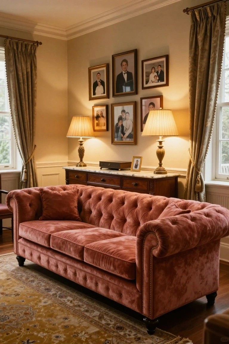 A living room with a pink velvet tufted Chesterfield sofa on a patterned rug, marble console table holding two lamps and a small frame, multiple family photos in gold frames on beige walls, and tall windows with cream drapes.