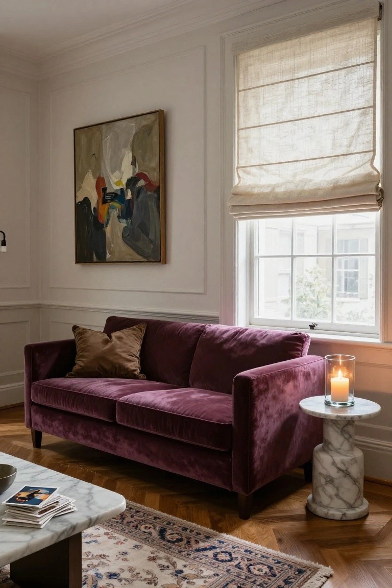 Purple velvet two-seater sofa in a white-walled living room with large sash window covered by beige roman shade, abstract painting on wall, marble side table holding glass candle holder, marble coffee table with stacked books and bowl, Persian rug on herringbone parquet floor.