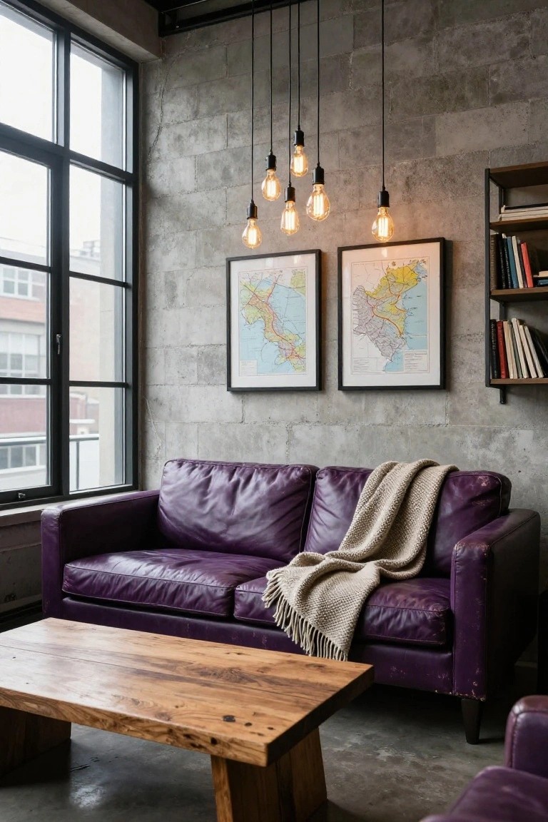 Industrial-style living room featuring a purple leather sofa, wooden coffee table, exposed brick walls, pendant lights, framed maps, bookshelves, and large windows overlooking a city view.