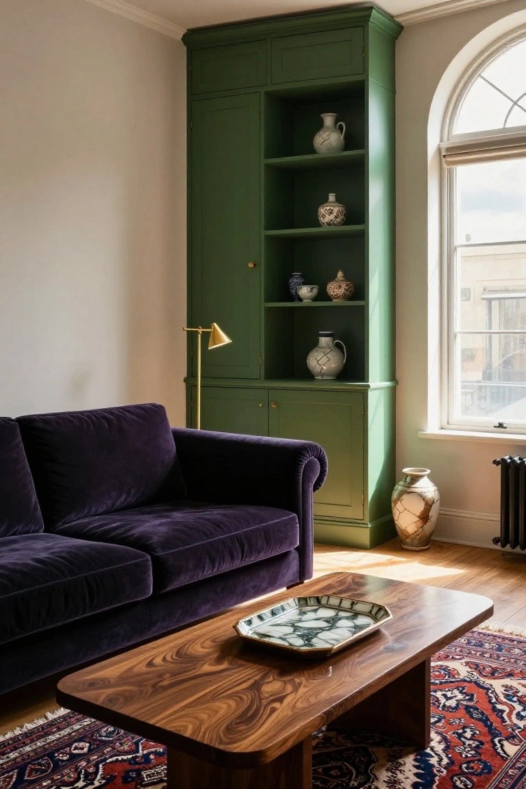 Living room with deep purple velvet sofa, tall green wooden cabinet displaying ceramic vases, low wooden coffee table on Persian rug, gold arc lamp, radiator, and arched window with blinds.