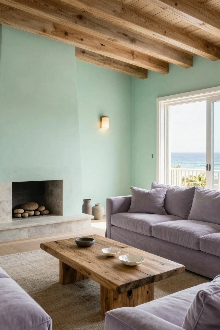 Living room featuring two plush purple sofas around a wooden coffee table, stone fireplace with logs, mint green walls, exposed wooden beams on ceiling, wall sconce, and sliding glass doors with ocean view.
