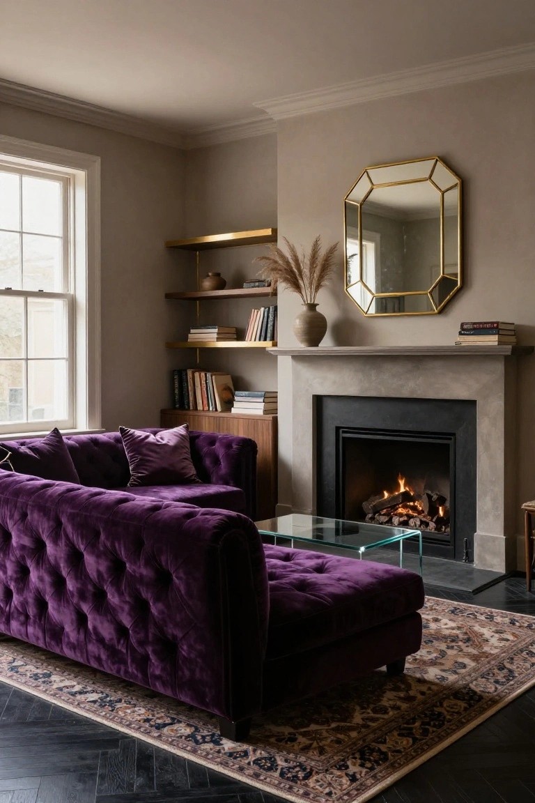 Living room with deep purple velvet L-shaped sofa facing a lit stone fireplace, neutral beige-gray walls, gold floating shelves with books and pampas grass, wood cabinetry, glass coffee table, and black herringbone flooring.