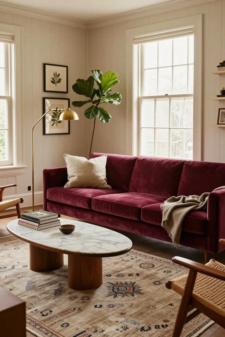 A living room corner with a deep maroon velvet three-seater sofa, oval white marble coffee table on wood legs, rattan armchair, potted fiddle leaf fig plant, brass floor lamp, and beige Persian-style rug against white shiplap walls and large windows.