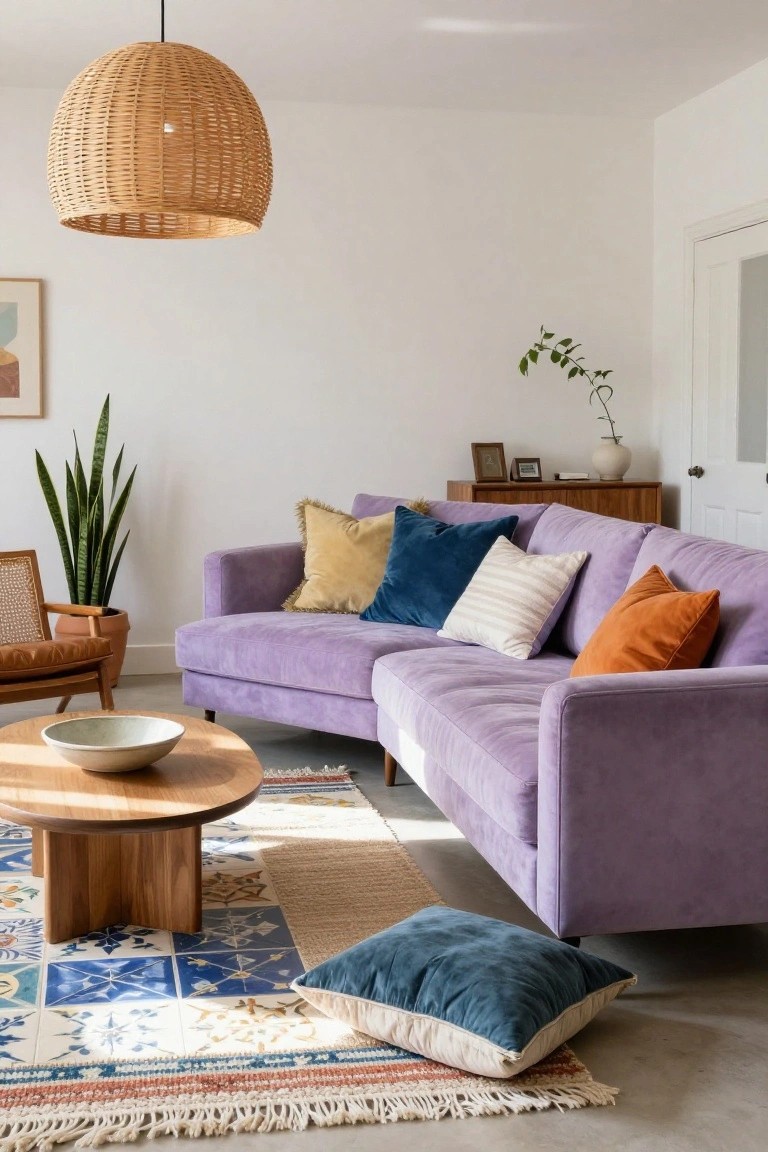 A living room with a curved purple velvet sofa covered in colorful textured pillows, a round wooden coffee table holding a white bowl, potted plants, a rattan pendant light, and layered rugs on tiled floors.