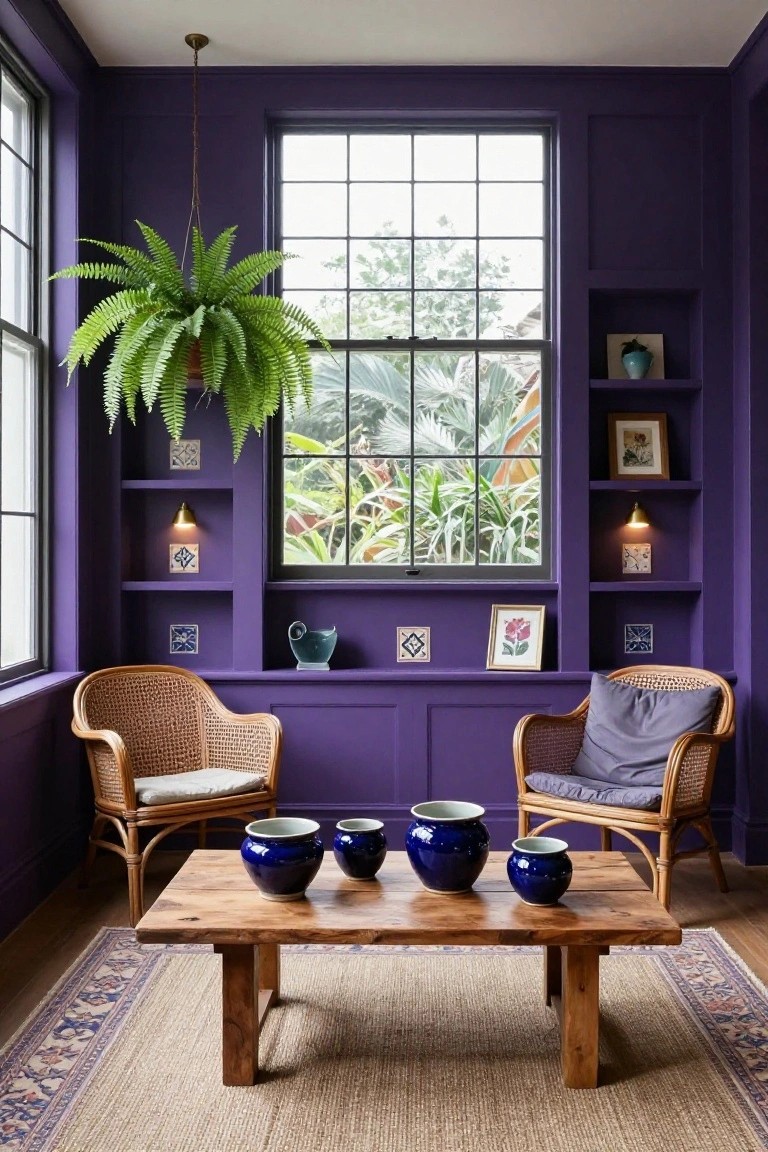 Deep purple-walled room featuring two rattan armchairs, wooden coffee table with blue ceramic pots, built-in shelves with tiles and decor, hanging fern plant, and large window with view of tropical greenery.