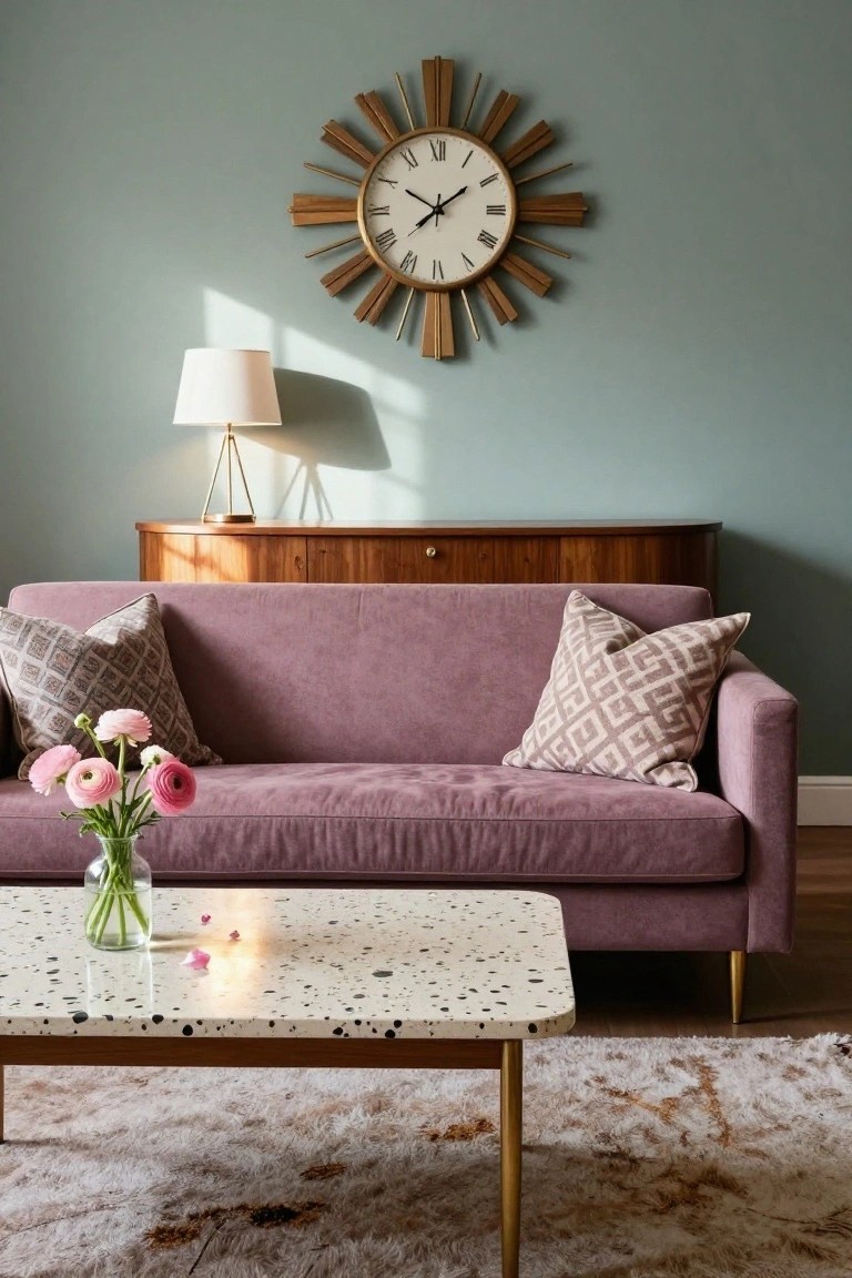 Living room with purple velvet sofa on wooden legs, white terrazzo coffee table with gold legs and pink tulips in glass vase, wooden credenza, brass tripod lamp, and wooden sunburst clock on light sage green wall.