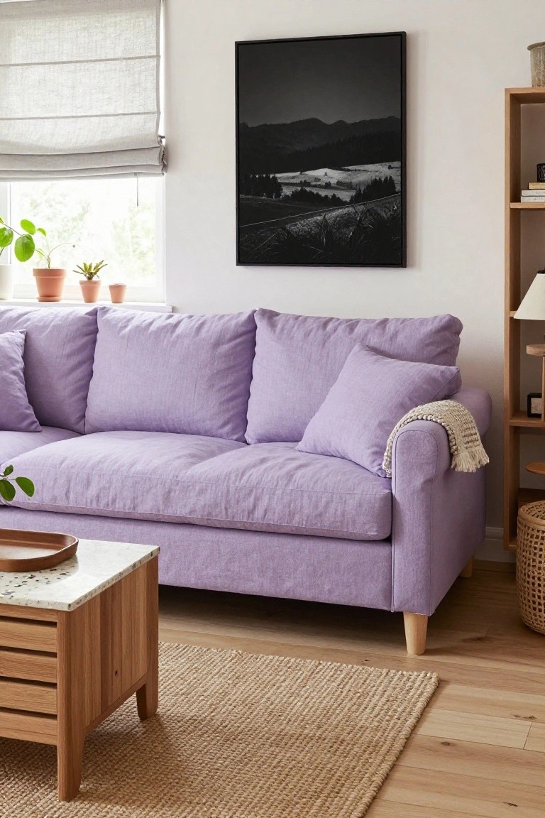 Living room with light purple linen sofa, wooden coffee table and drawers, bookshelf with books and lamp, potted plants, sheer blinds on window, and black-framed landscape photo on wall.