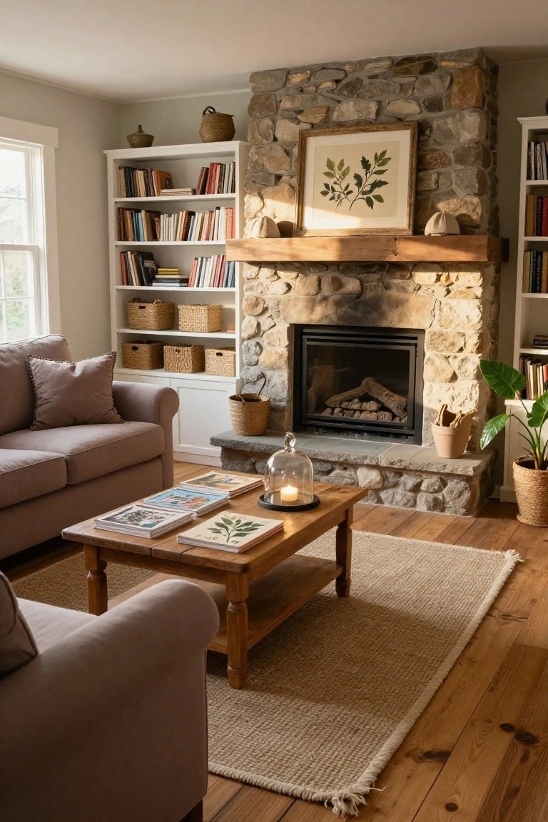 Living room with a tall stone fireplace on one wall, light gray sofa facing it, wooden coffee table with books, built-in bookshelves, potted plants, and a seagrass rug on hardwood floors.