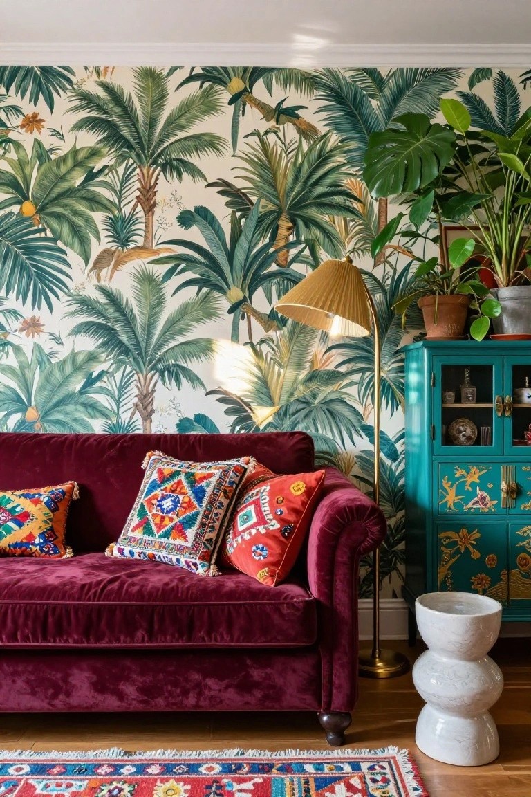 A deep maroon velvet sofa with colorful embroidered pillows sits against green palm leaf wallpaper in a living room, next to a gold arched lamp, turquoise cabinet with gold accents, potted plants, white ceramic stool, and patterned rug on wood floor.