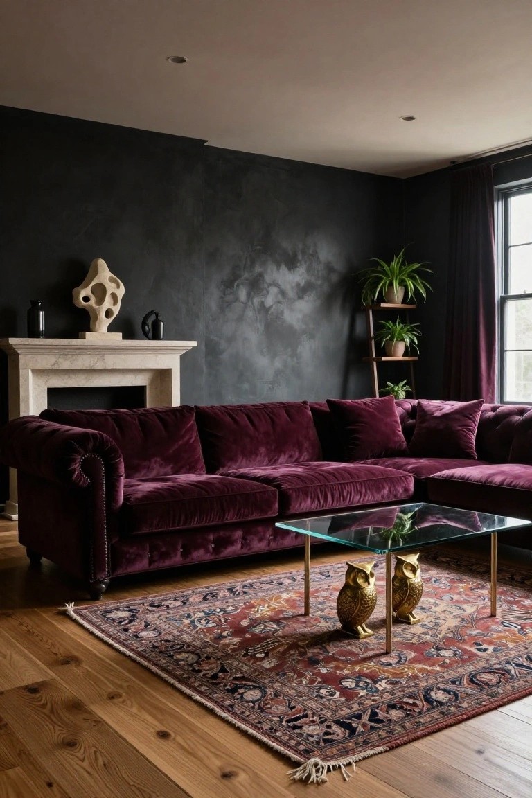 Living room corner with deep purple velvet L-shaped sofa, glass coffee table holding two brass owl sculptures and a plant, marble fireplace with white abstract sculpture and black vases, dark textured walls, wooden plant stand with greenery, purple curtains on window, and red-toned Persian rug on oak floors.