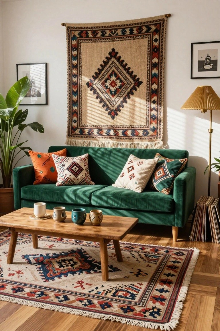 Green velvet sofa with patterned pillows beneath a large woven wall tapestry.