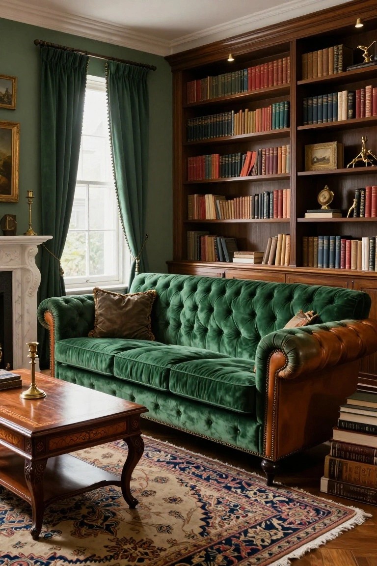 Emerald green velvet tufted Chesterfield sofa in front of wooden bookshelves in a library-style room with green drapes, marble fireplace, brass accents, and patterned rug.