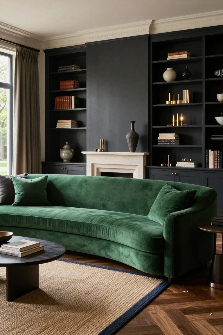 Curved emerald green velvet sofa in a living room with dark built-in bookshelves flanking a marble fireplace, neutral rug, and large window with drapes.